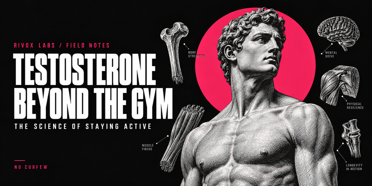 Testosterone Beyond the Gym: Rivox Labs editorial illustration featuring a classical male bust and anatomical drawings.