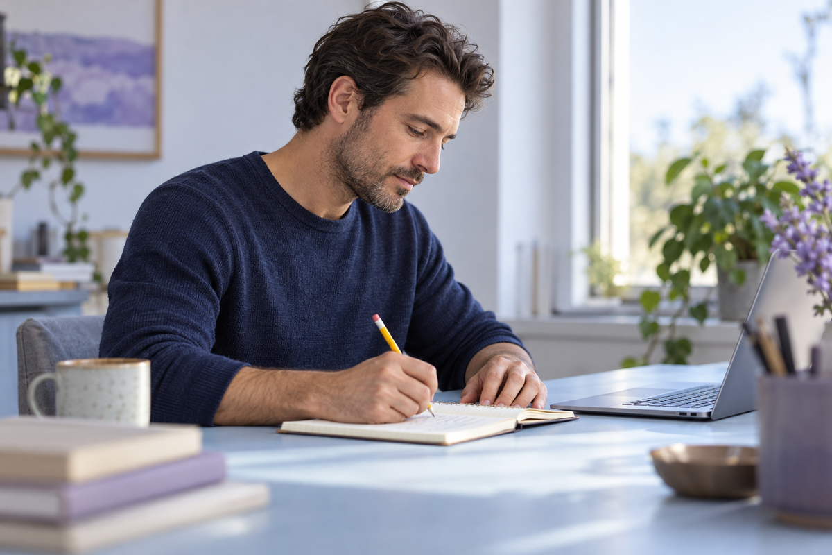 An adult concentrating on a project notebook at a sunlit desk