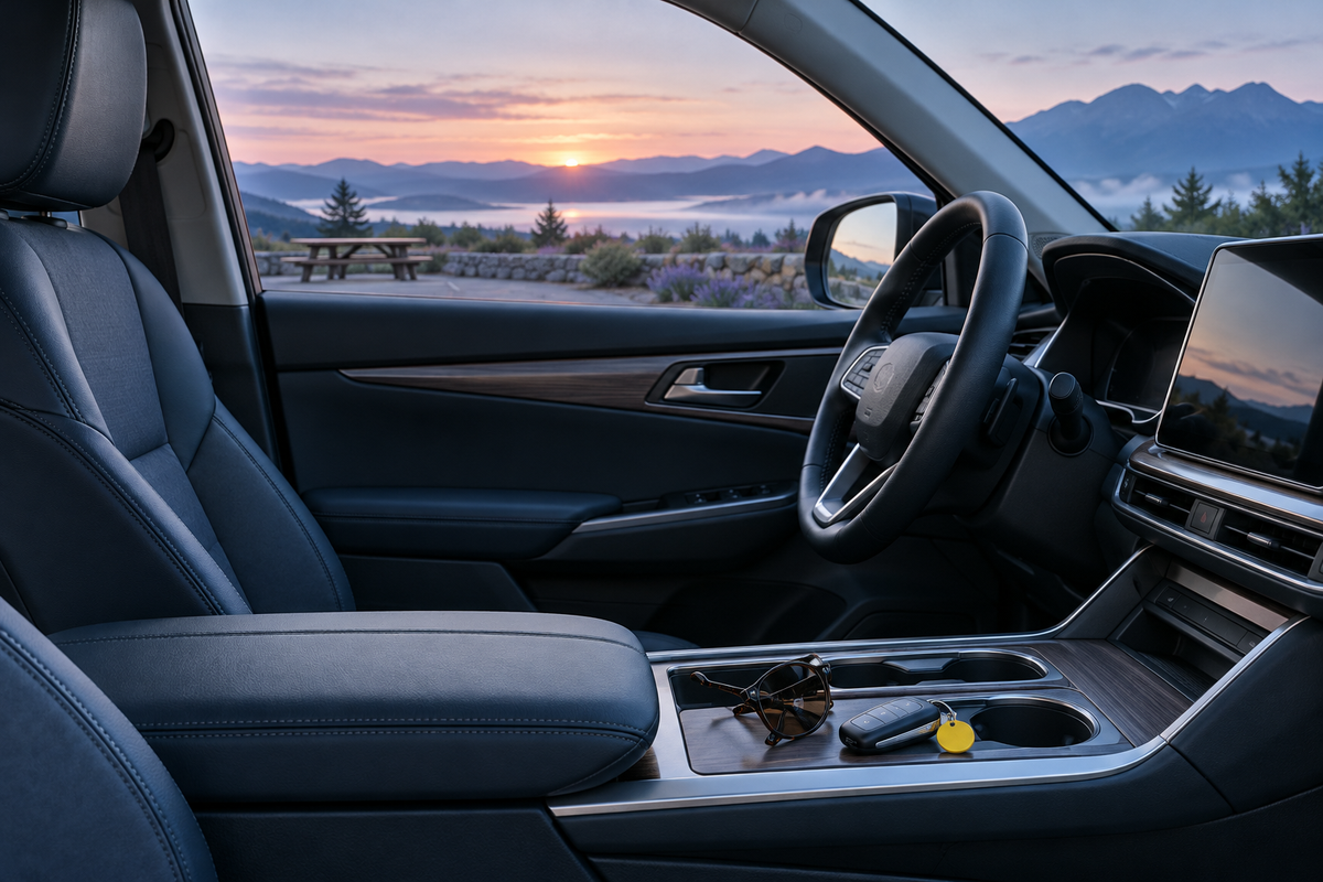 Keys and sunglasses in the console of a parked car at dawn
