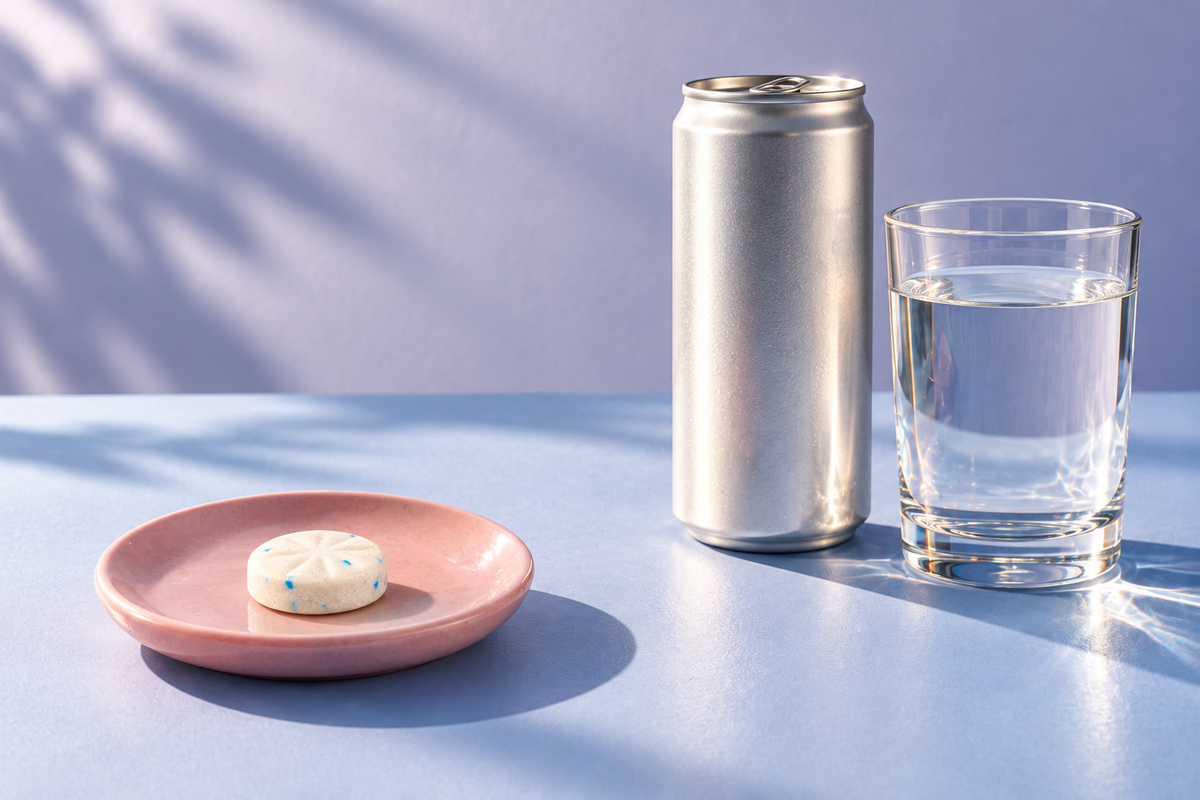A plain silver drink can, glass and round white gum piece arranged for a format comparison