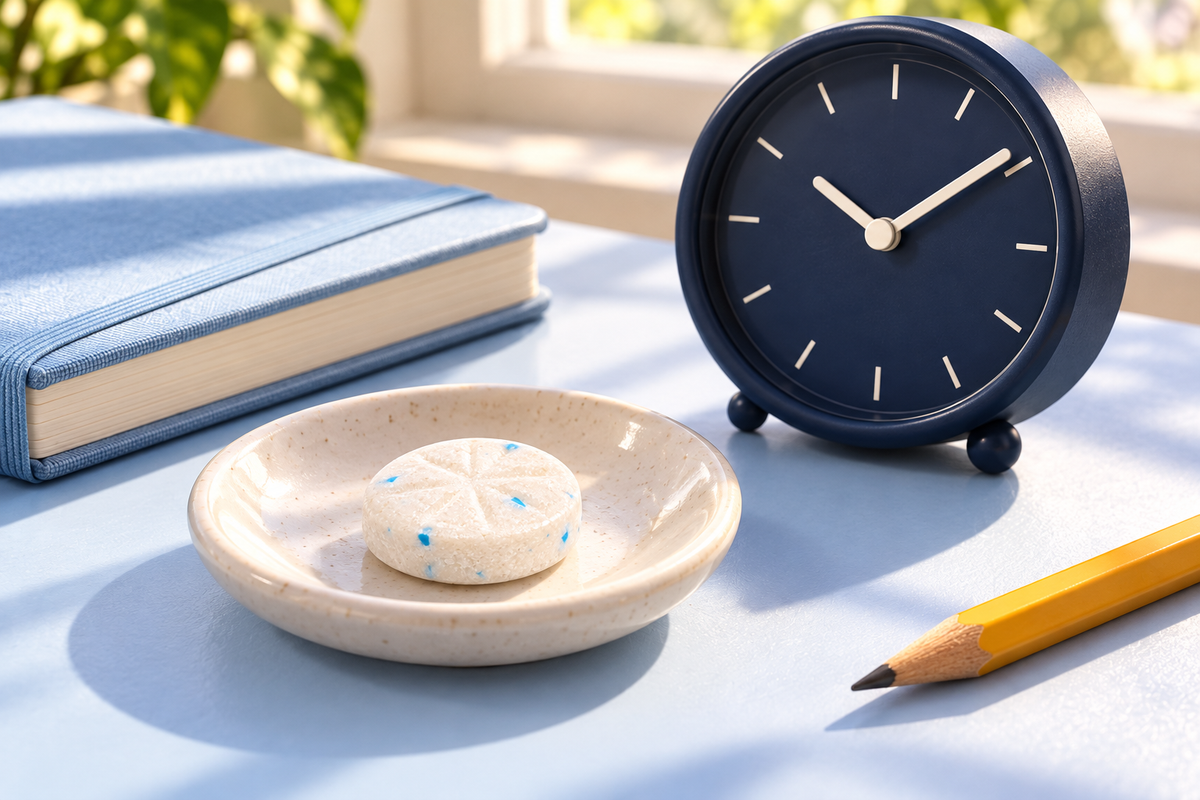 A round white gum piece beside a simple analog clock and closed notebook