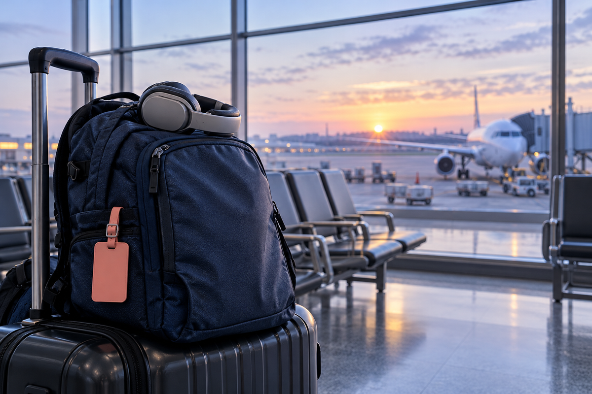 Carry-on luggage and a navy backpack at an airport gate at sunrise