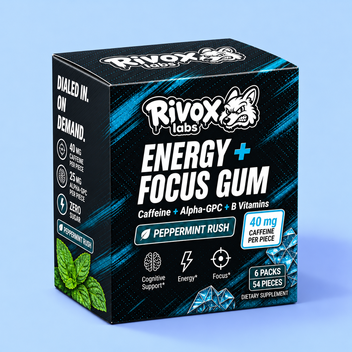 Rivox Peppermint Rush Energy and Focus Gum box on a pale-blue surface