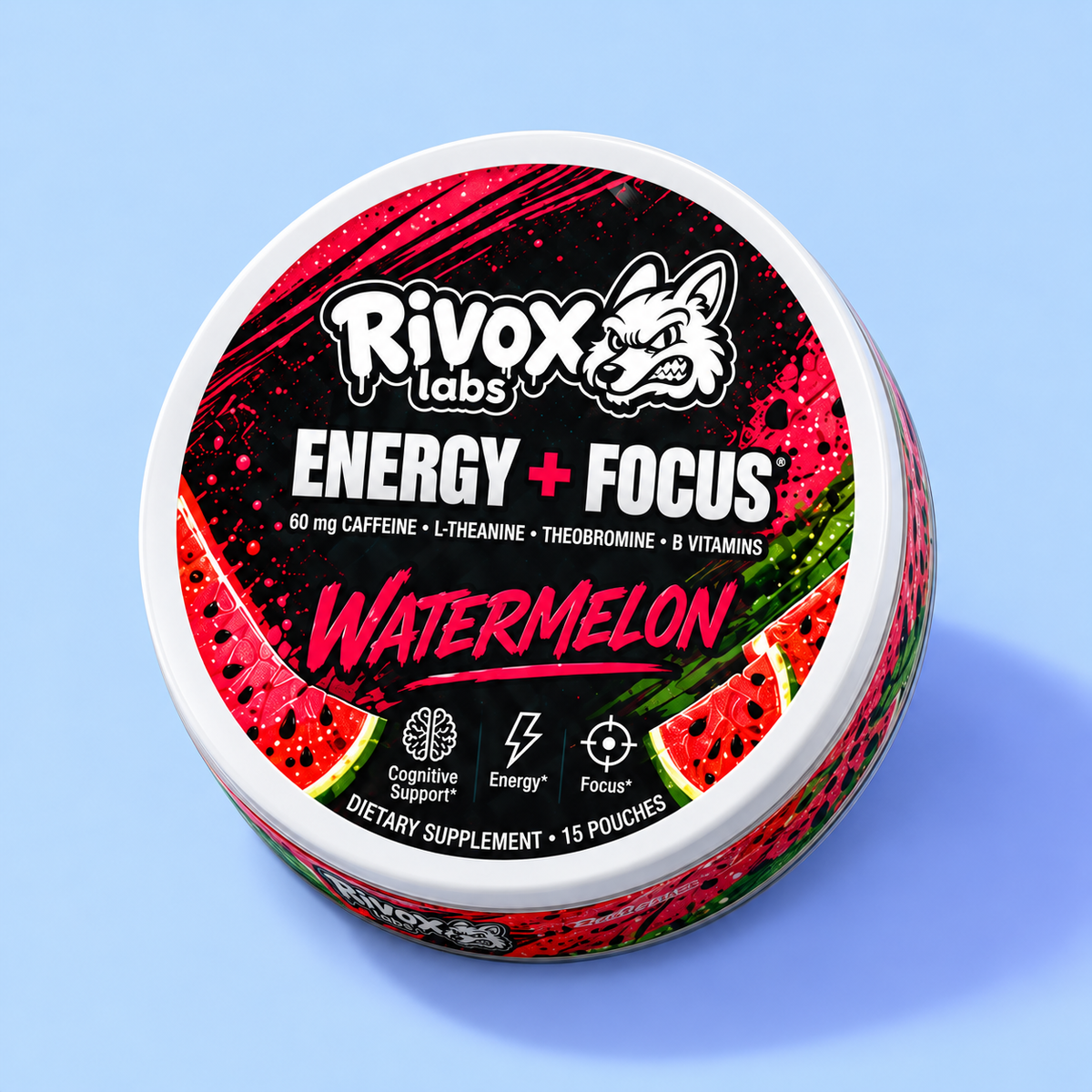 Rivox Watermelon nicotine-free focus pouch tin on a pale-blue surface