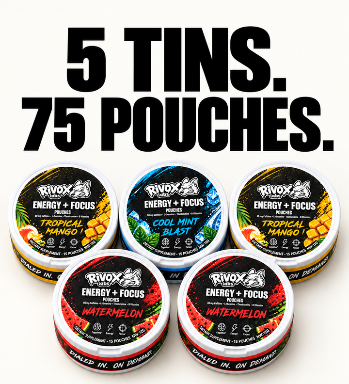 Five round Rivox Labs Energy + Focus tins in Tropical Mango, Cool Mint Blast, and Watermelon flavors arranged in two rows.