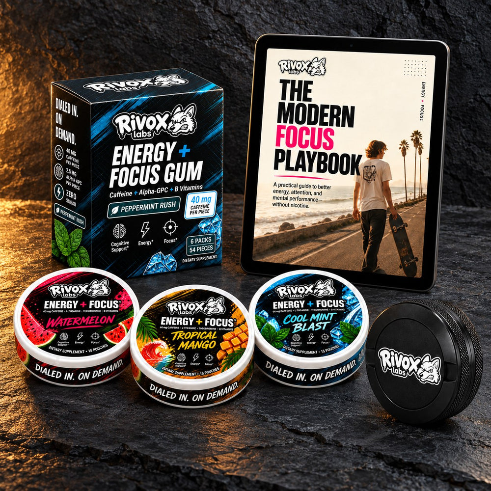 Rivox Starter Kit with three flavor tins, gum, black case and digital playbook
