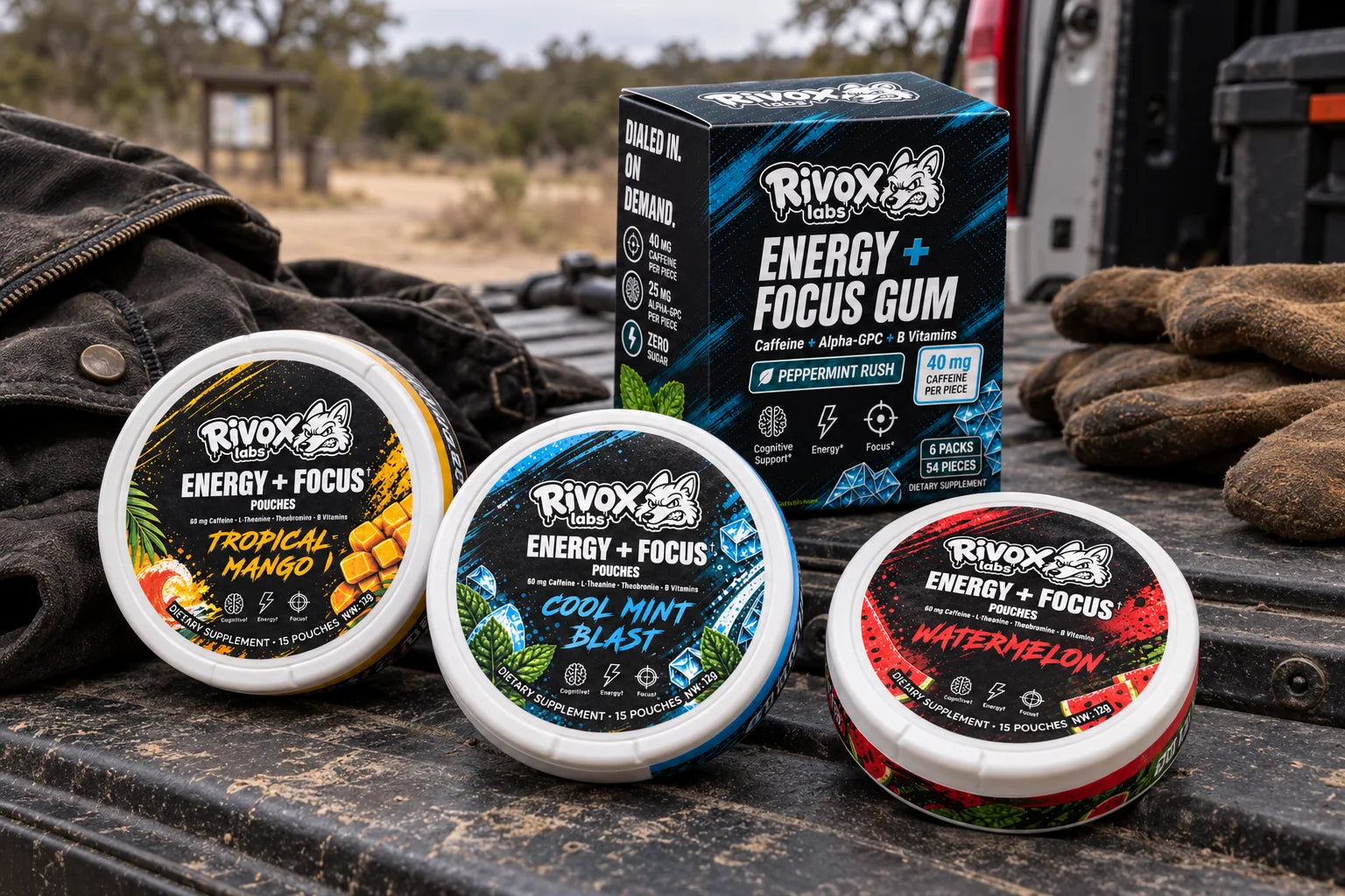 Rivox pouch tins and Peppermint Rush gum together on a truck tailgate