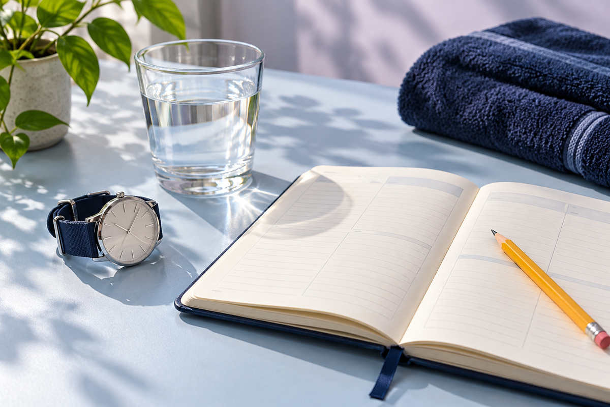 A wristwatch, glass of water and open planner in soft morning light