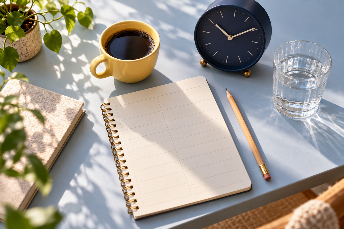 Coffee, an analog clock and a blank planner arranged for a deliberate caffeine routine