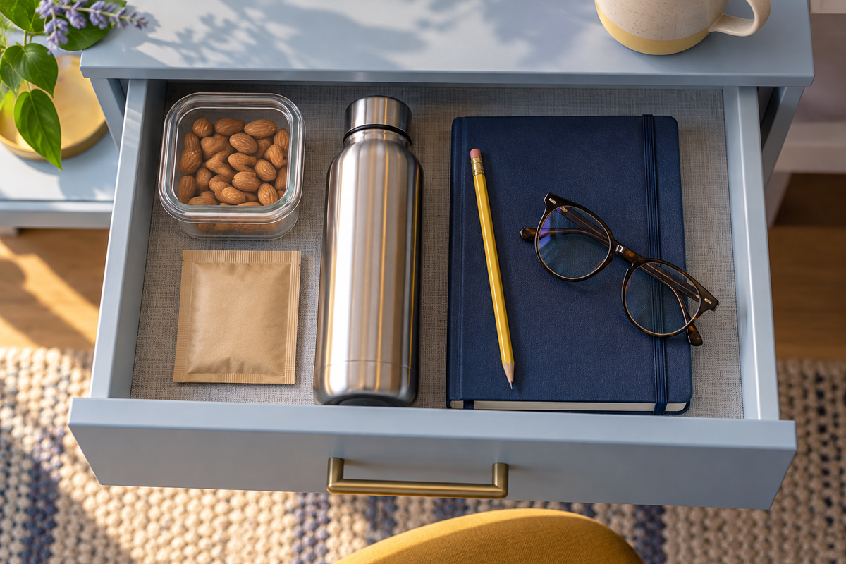 An organized desk drawer with nuts, a tea sachet, a water bottle and stationery