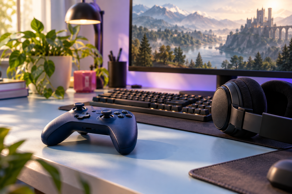 A game controller, headset and keyboard on a tidy navy desk with blue and pink lighting