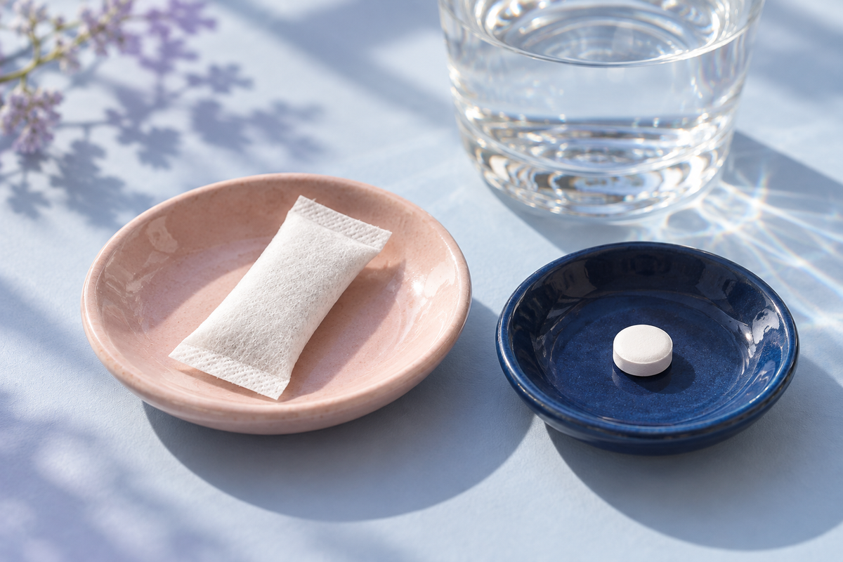 A white fabric pouch and a plain round tablet shown side by side as different formats