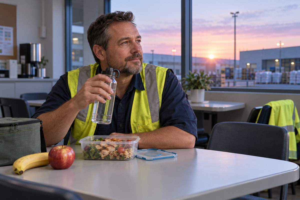 A shift worker taking a quiet dawn break with water and a packed meal