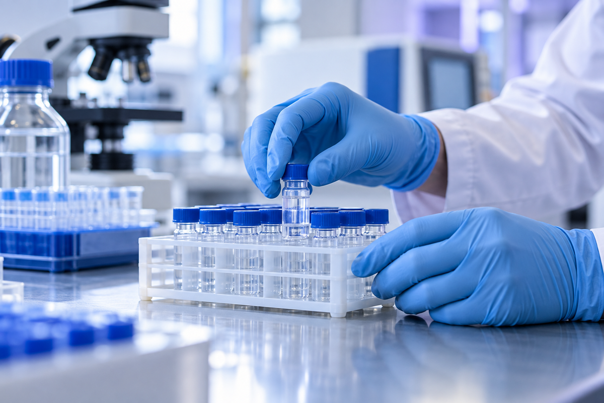 Gloved laboratory hands preparing unbranded sample vials for independent testing
