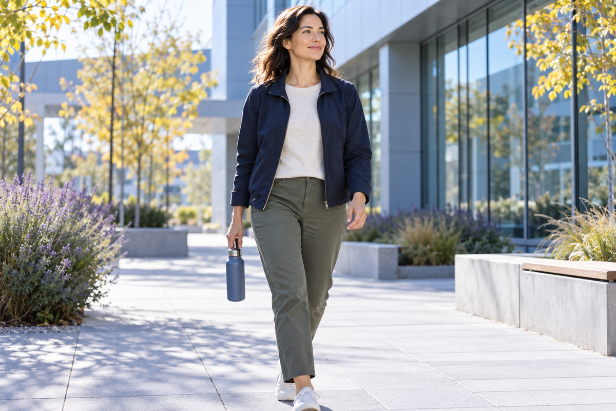 An adult taking a short daylight walk outside an office building