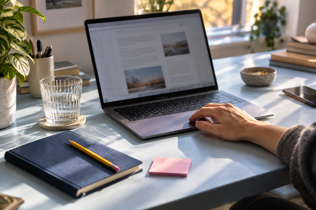 A sunlit work desk with laptop, notebook, pencil and water glass
