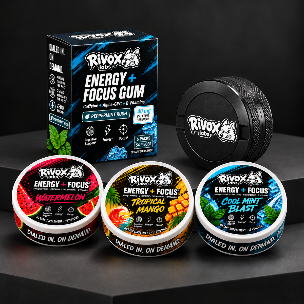Rivox pouch tins, Peppermint Rush gum box and black carry case on charcoal display blocks