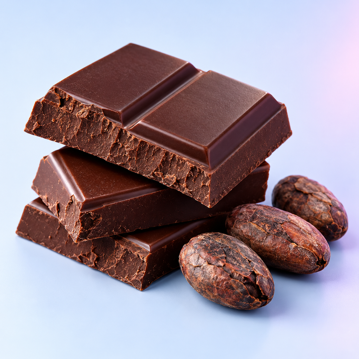 Dark chocolate pieces and cacao beans on a pale-blue surface