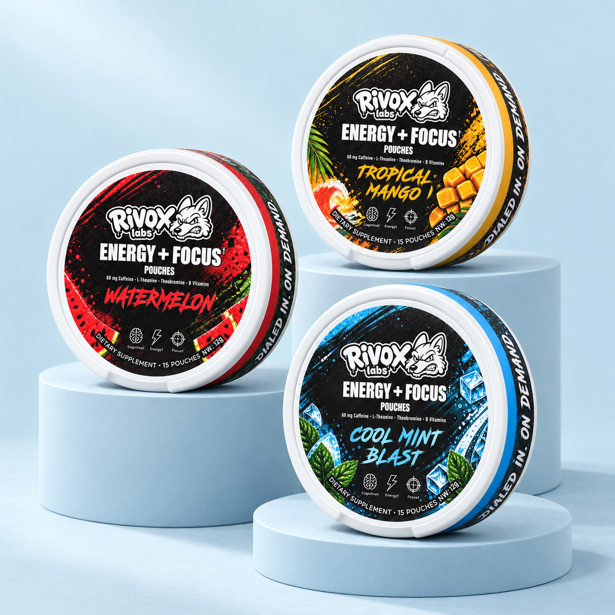 Rivox Watermelon, Tropical Mango and Cool Mint focus pouch tins on pale-blue display blocks