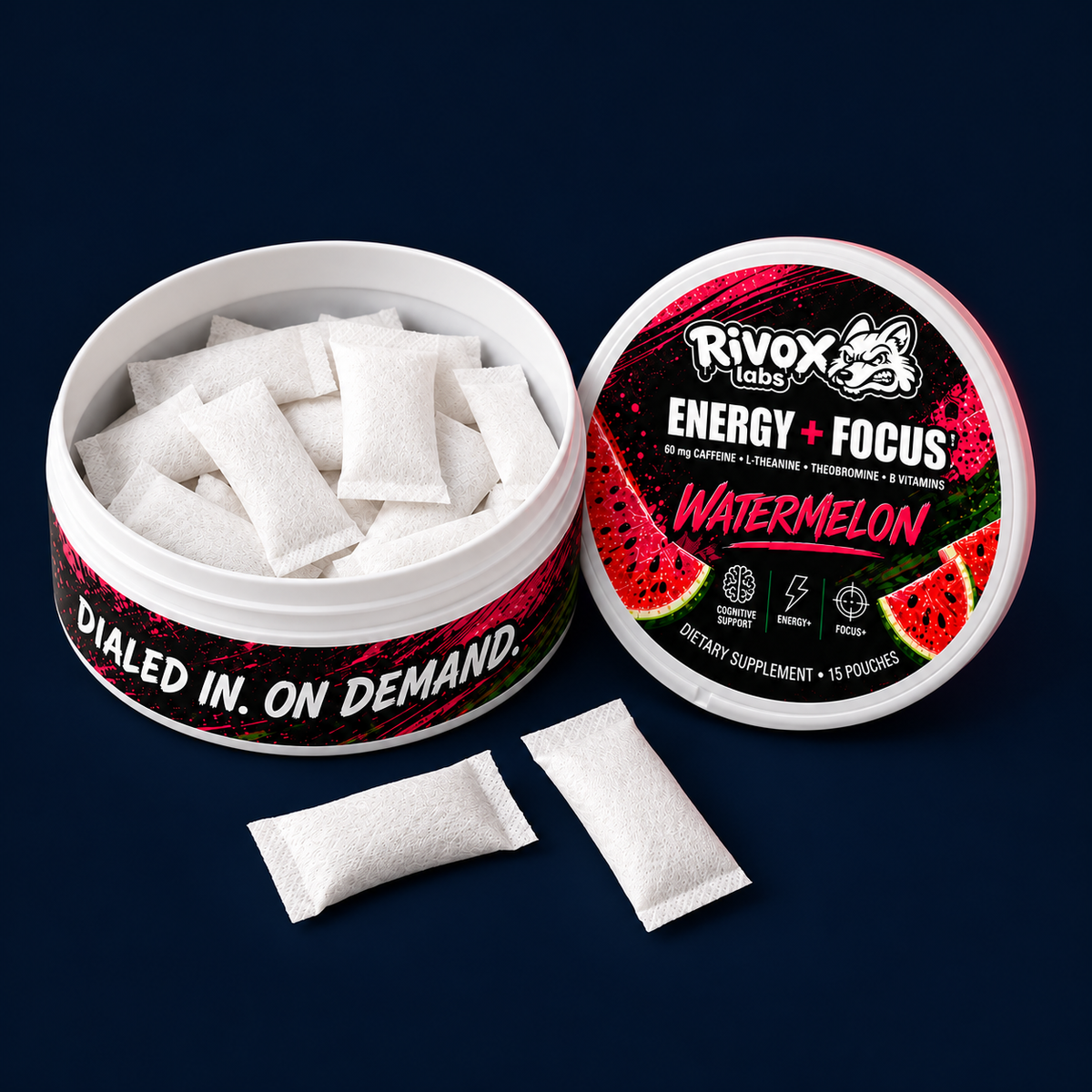 An open Rivox Watermelon tin with individual white fabric focus pouches
