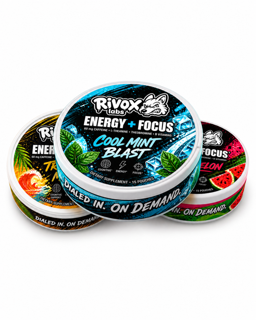 Rivox Focus Pouches Starter Sampler — one can each of Cool Mint, Watermelon, and Tropical Mango