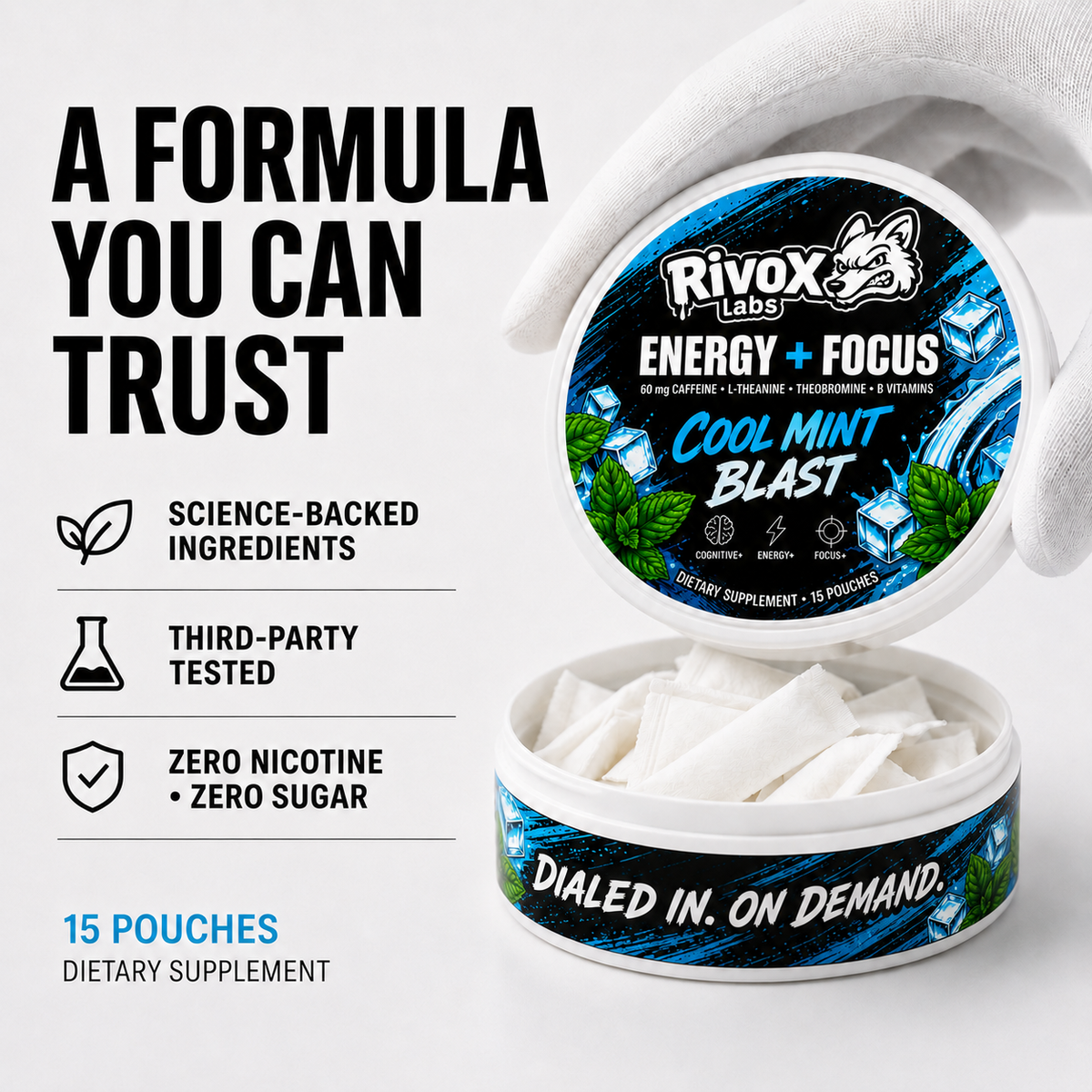 Rivox Focus Pouches – Watermelon Candy | Zero-Nicotine Energy + Focus, Caffeine + L-Theanine (No Crash)