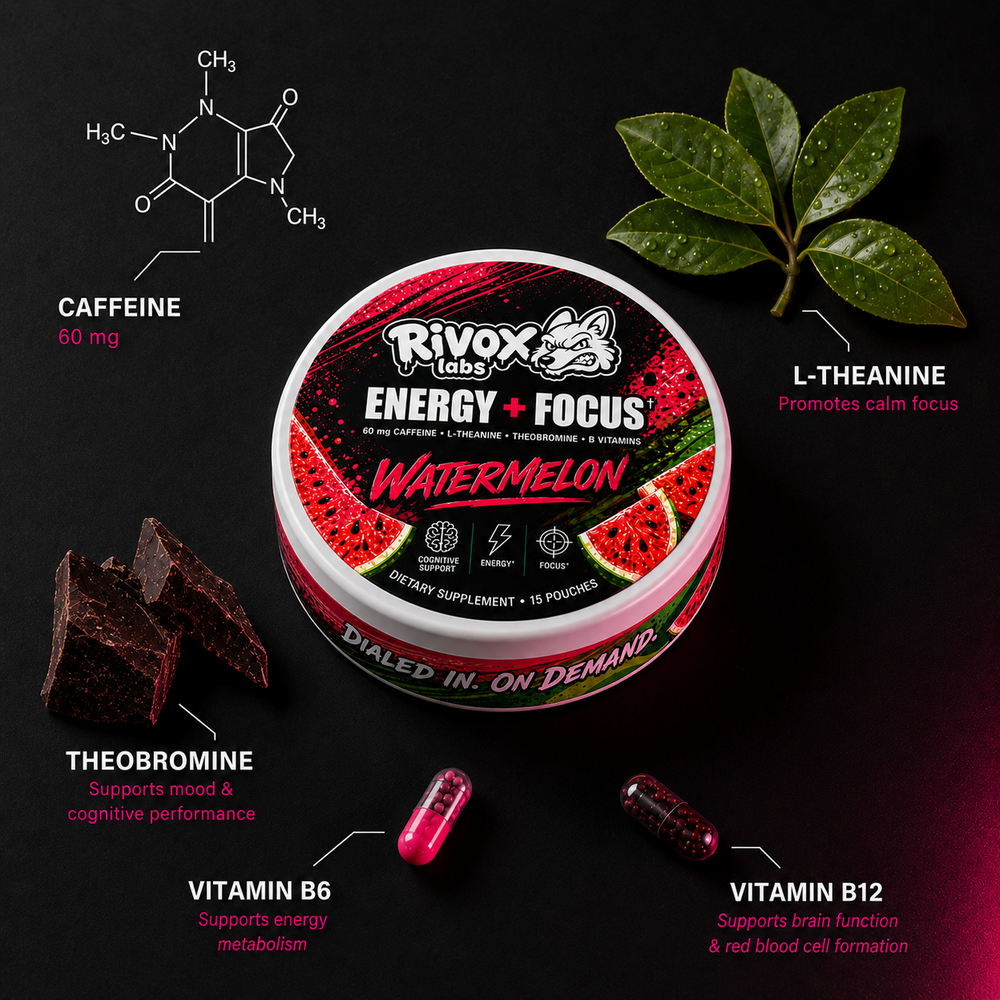 Rivox Labs Energy + Focus Watermelon supplement container on a black background