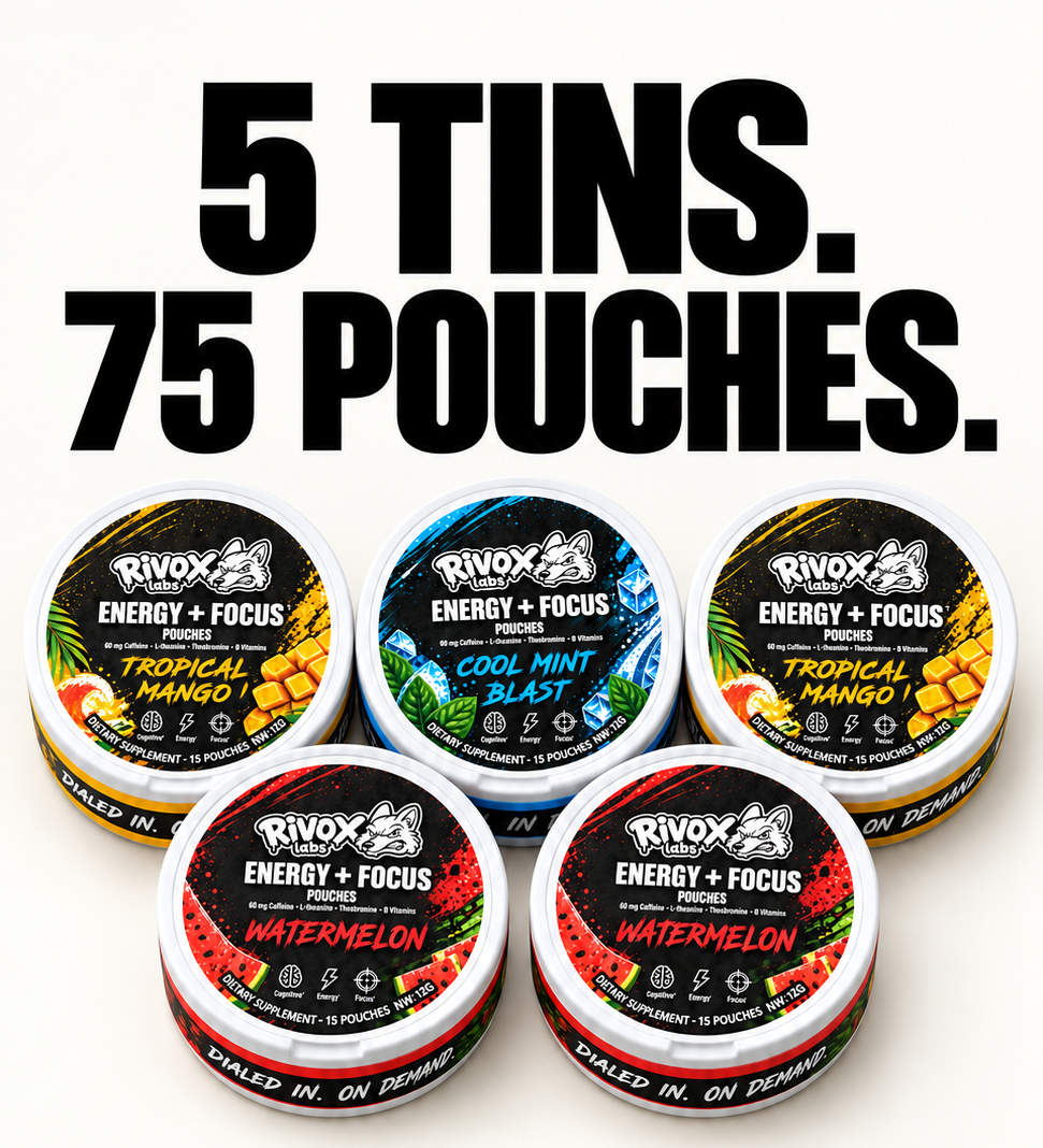 Five round Rivox Labs Energy + Focus tins in Tropical Mango, Cool Mint Blast, and Watermelon flavors arranged in two rows.