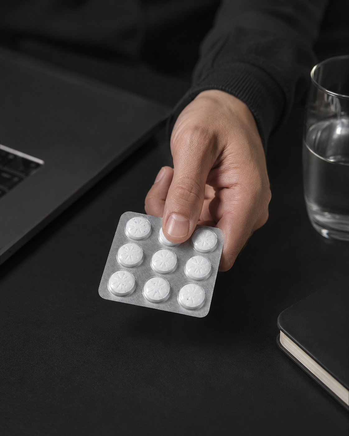 Hand holding a blister pack of white pills on a dark surface with a glass of water and laptop in the background.