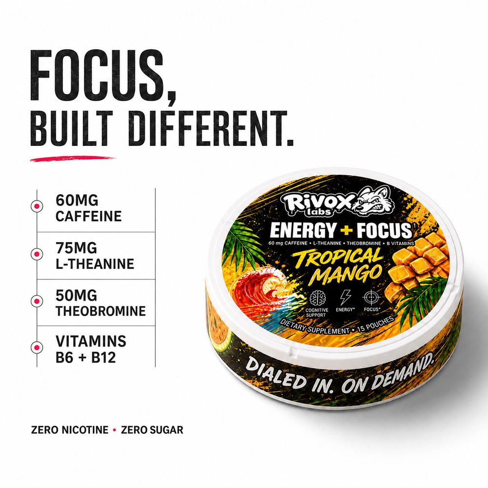 Rivox Focus Pouches – Tropical Mango 3-Pack| Zero-Nicotine Energy + Focus, Caffeine + L-Theanine (No Crash)