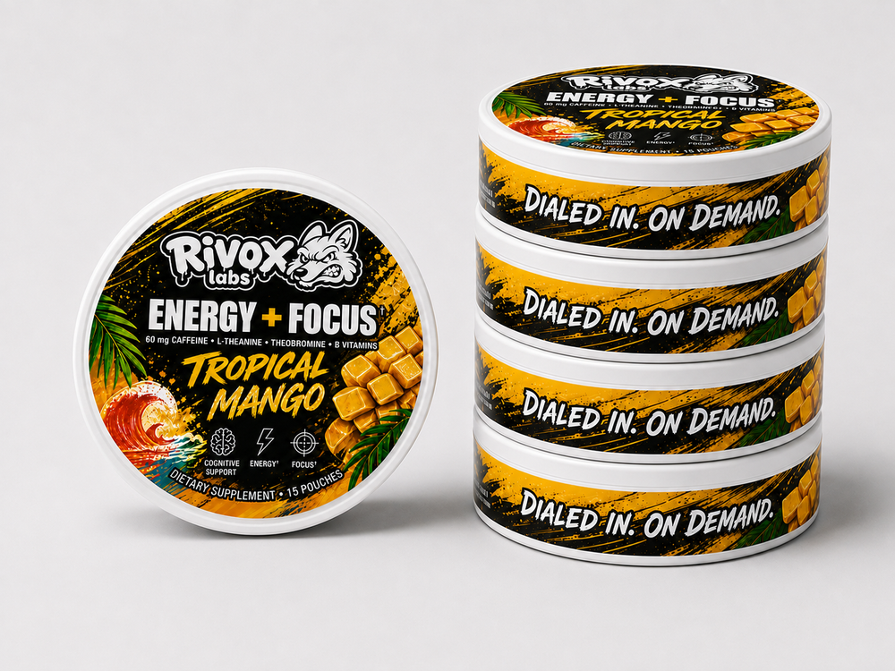 Five round Rivox Labs Energy + Focus Tropical Mango cans, one facing forward and four stacked.