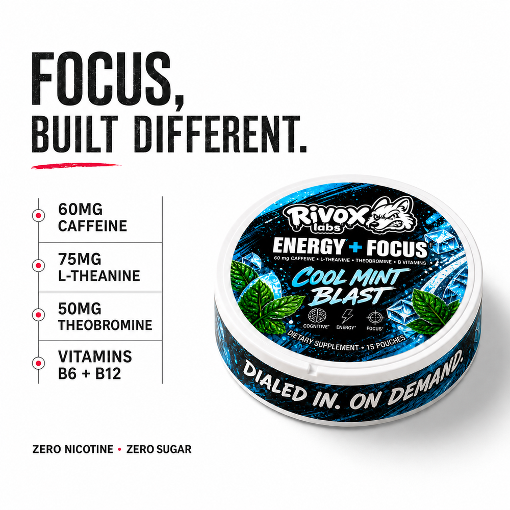 Rivox Focus Pouches – Cool Mint 3 Pack | Zero-Nicotine Energy + Focus, Caffeine + L-Theanine (No Crash)