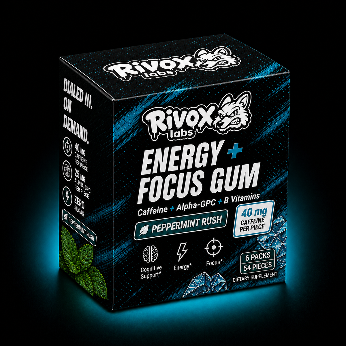 Rivox Labs Energy + Focus Gum packaging on a dark background