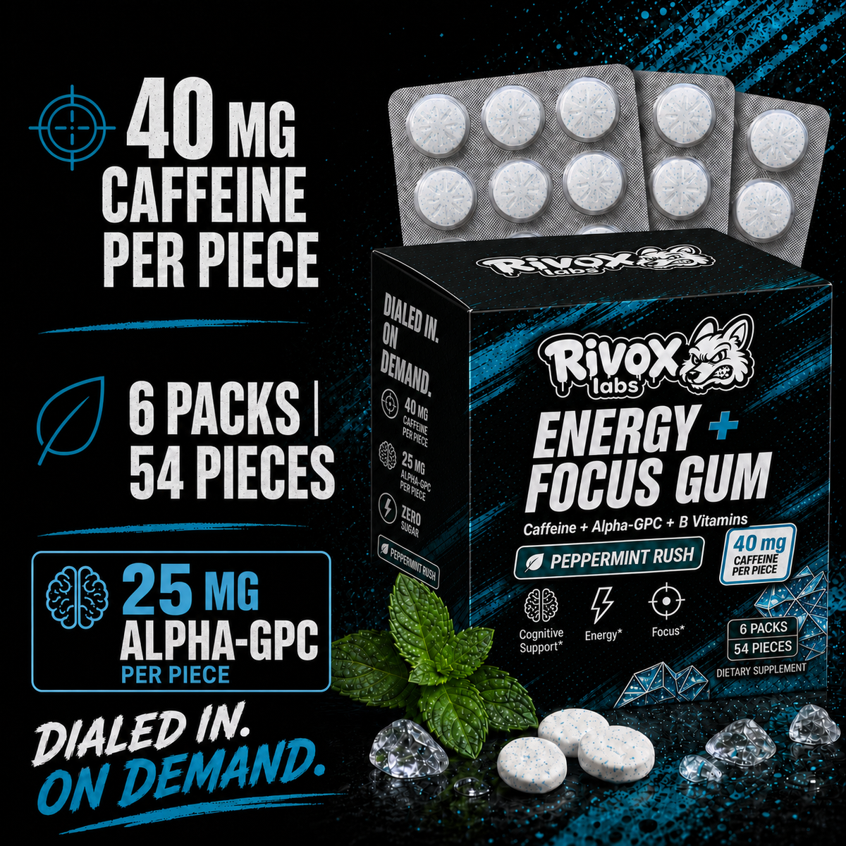 Rivox Energy + Focus Gum Peppermint Rush packaging with product details