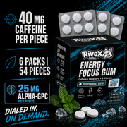 Rivox Energy + Focus Gum Peppermint Rush packaging with product details