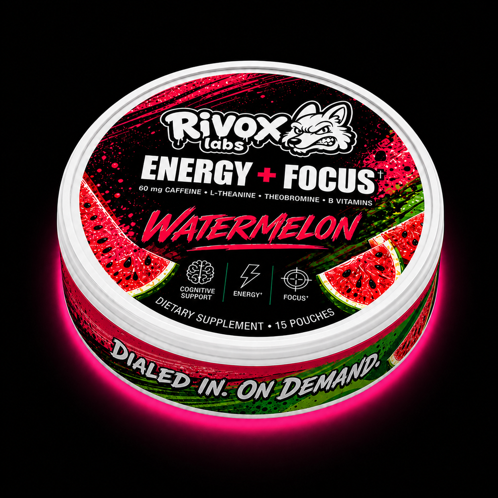 Rivox Labs Energy + Focus Watermelon supplement container on a black background