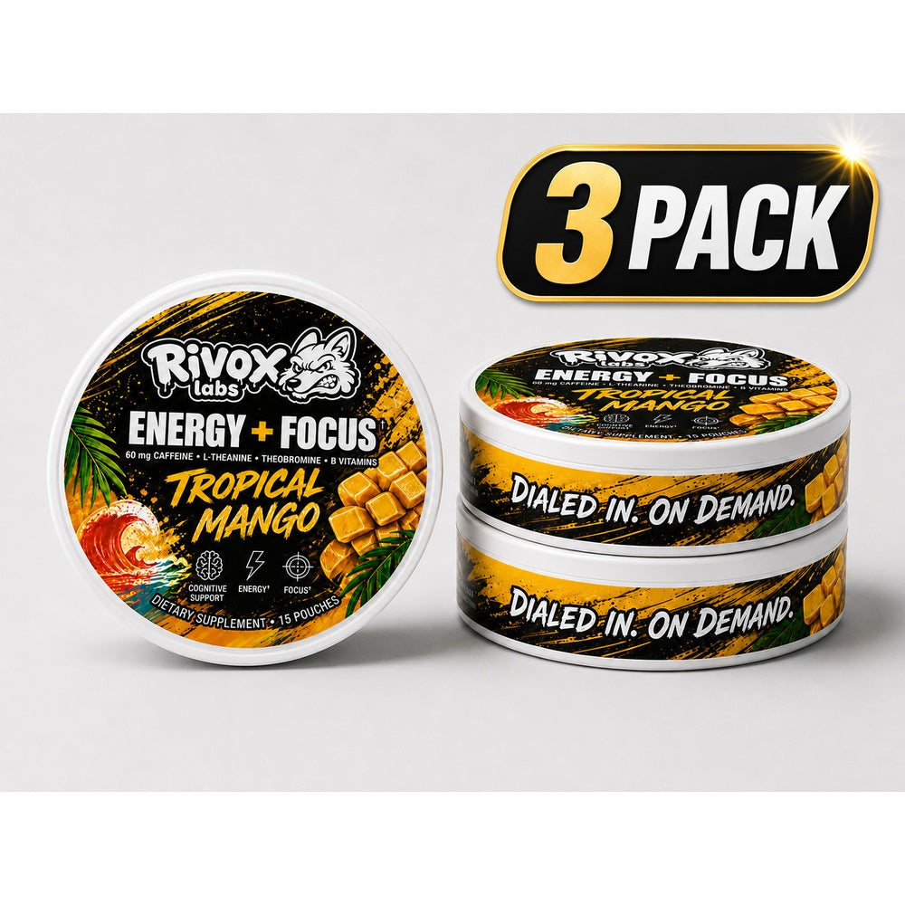 Rivox Focus Pouches – Tropical Mango 3-Pack| Zero-Nicotine Energy + Focus, Caffeine + L-Theanine (No Crash)