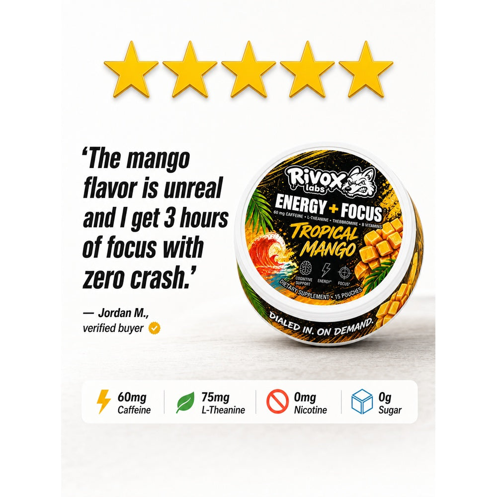Rivox Energy Pouch Variety Pack | Caffeine + L-Theanine, Zero Nicotine, Sugar-Free, No Crash | 3 Flavors