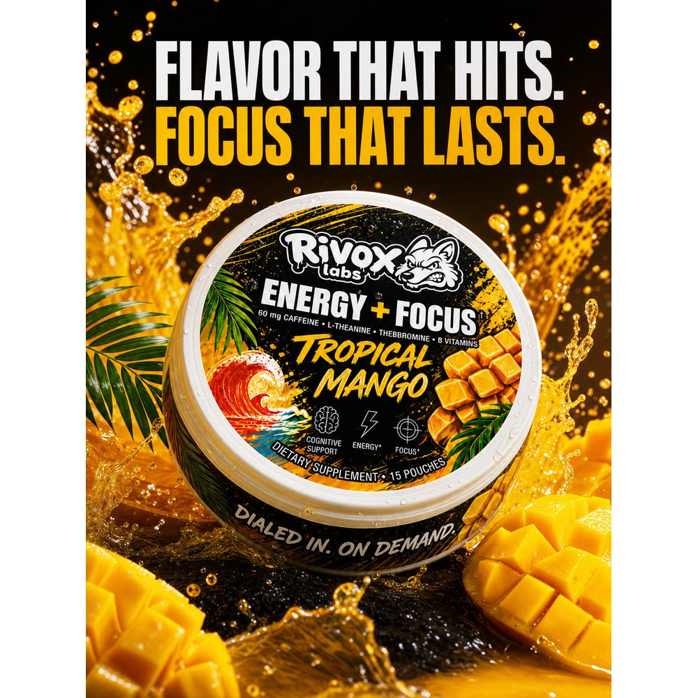Rivox Focus Pouches – Tropical Mango 3-Pack| Zero-Nicotine Energy + Focus, Caffeine + L-Theanine (No Crash)
