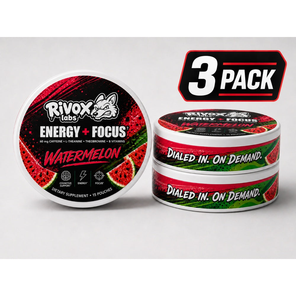 Rivox Focus Pouches – Watermelon Candy 3 Pack | Zero-Nicotine Energy + Focus, Caffeine + L-Theanine (No Crash)