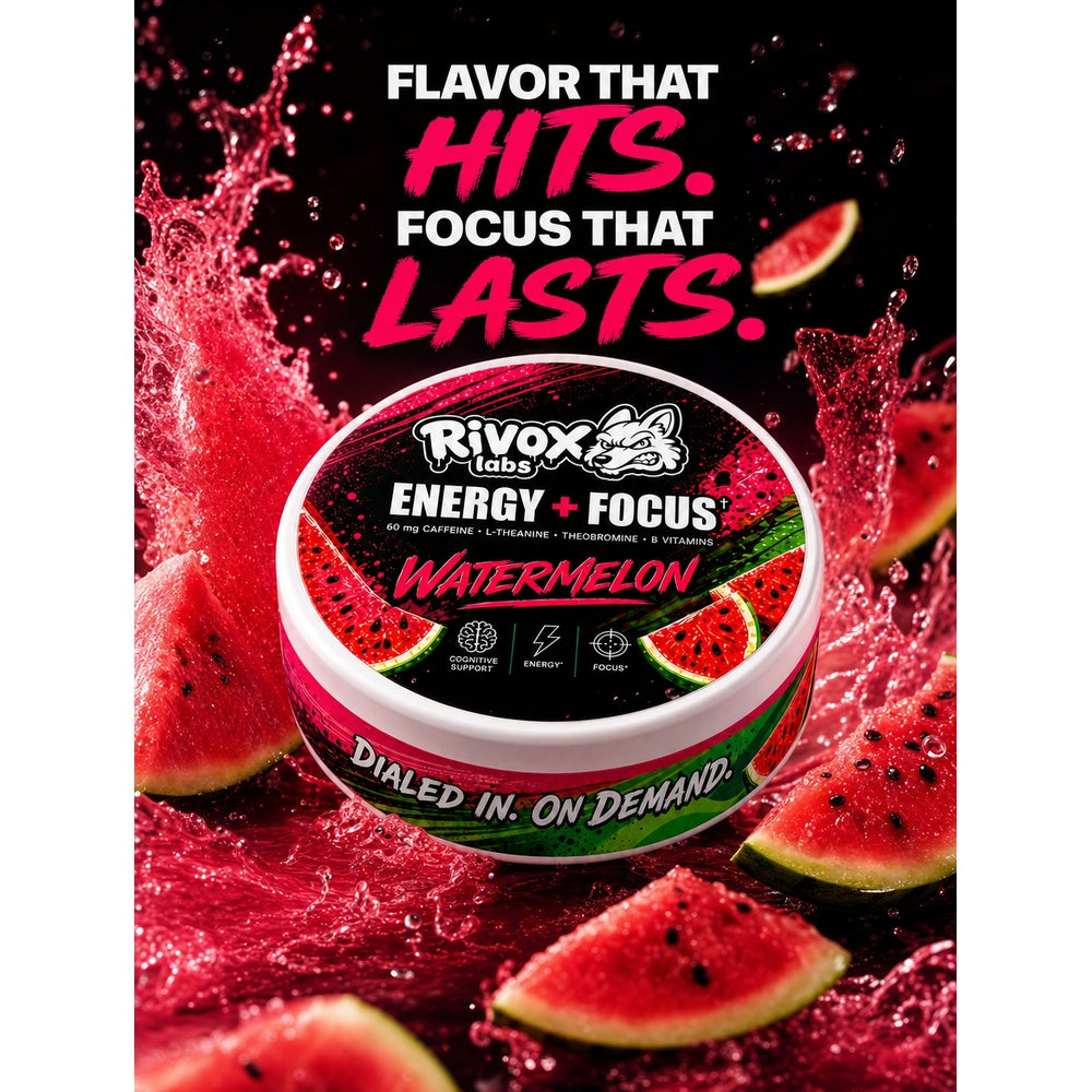 Rivox Focus Pouches – Watermelon Candy | Zero-Nicotine Energy + Focus, Caffeine + L-Theanine (No Crash)