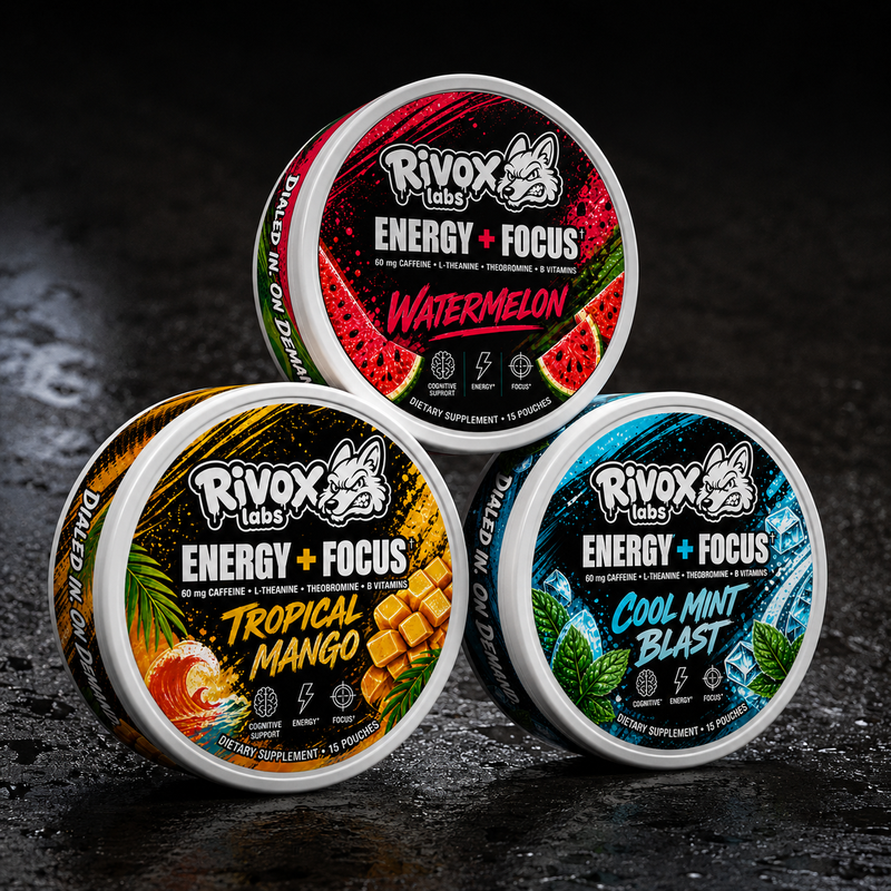 Three containers of Rivox Labs Energy + Focus supplements on a dark background