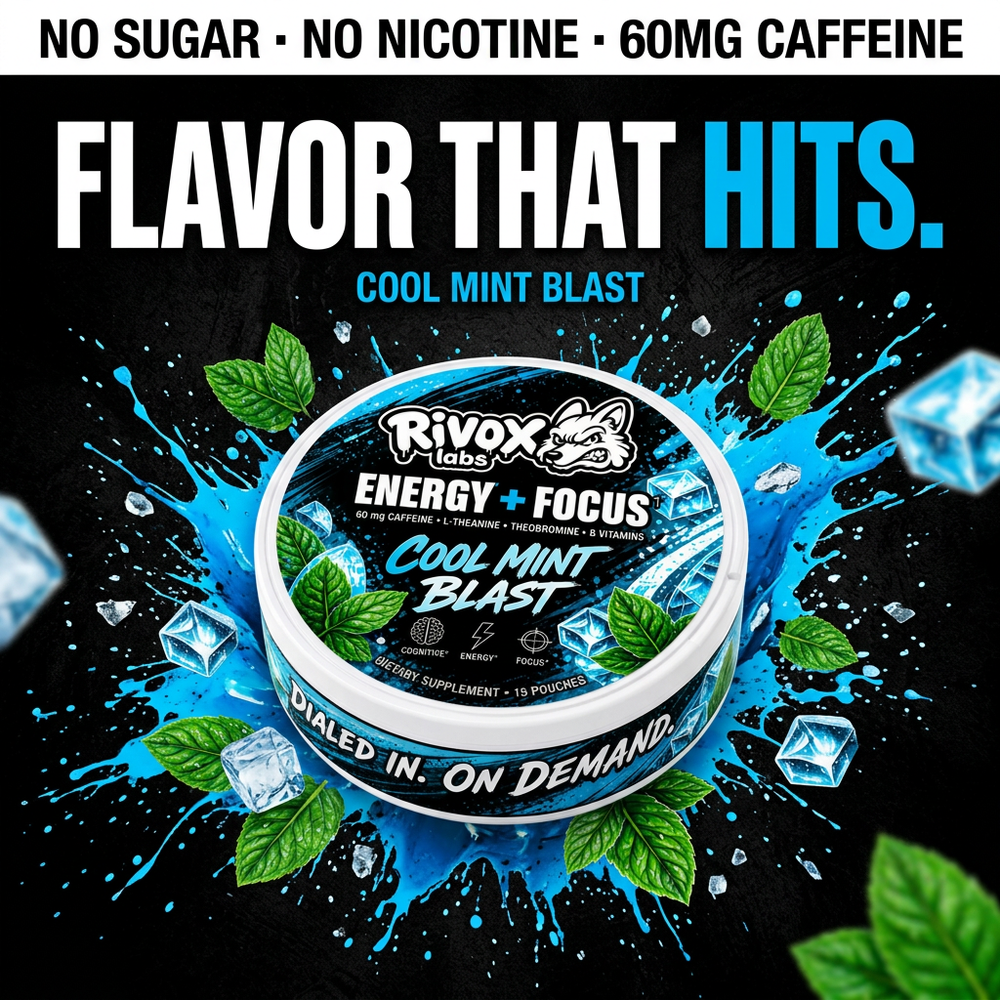 Rivox Focus Pouches – Cool Mint 3 Pack | Zero-Nicotine Energy + Focus, Caffeine + L-Theanine (No Crash)
