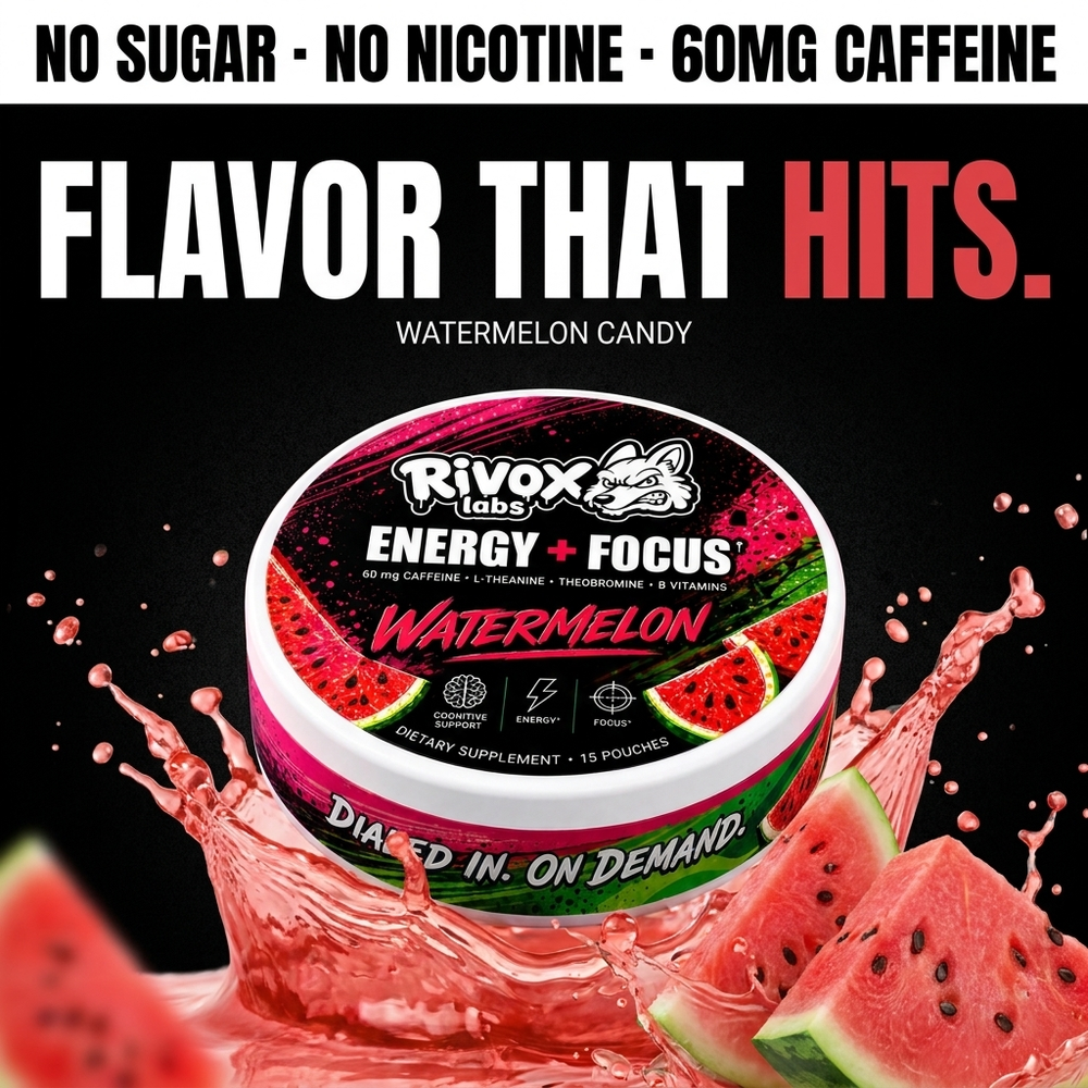 Rivox Focus Pouches – Watermelon Candy 3 Pack | Zero-Nicotine Energy + Focus, Caffeine + L-Theanine (No Crash)