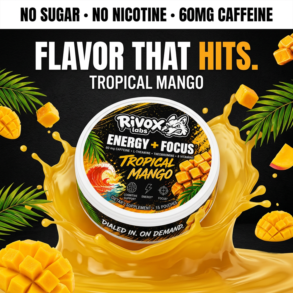 Rivox Tropical Mango zero-nicotine focus pouch can, front view