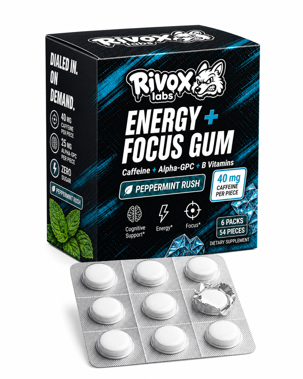 Rivox Energy + Focus Gum box, Peppermint Rush flavor