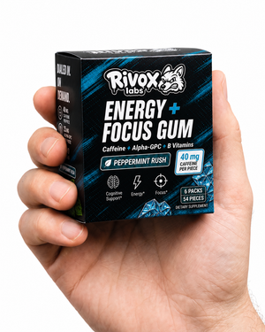 Hand holding Rivox Energy + Focus Gum