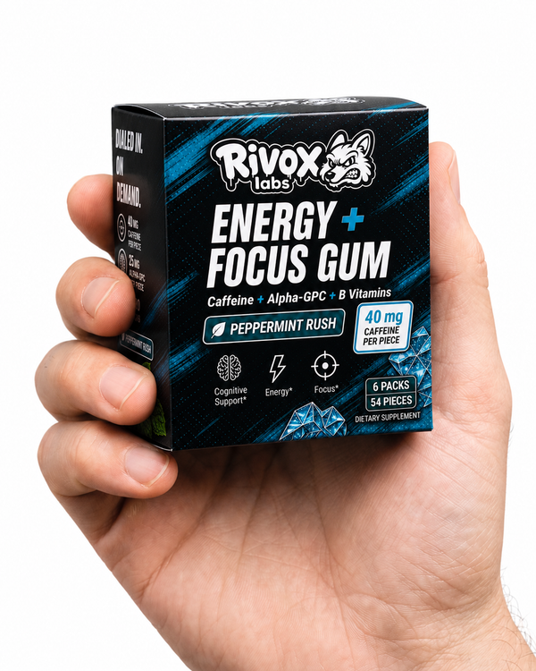 Hand holding Rivox Energy + Focus Gum