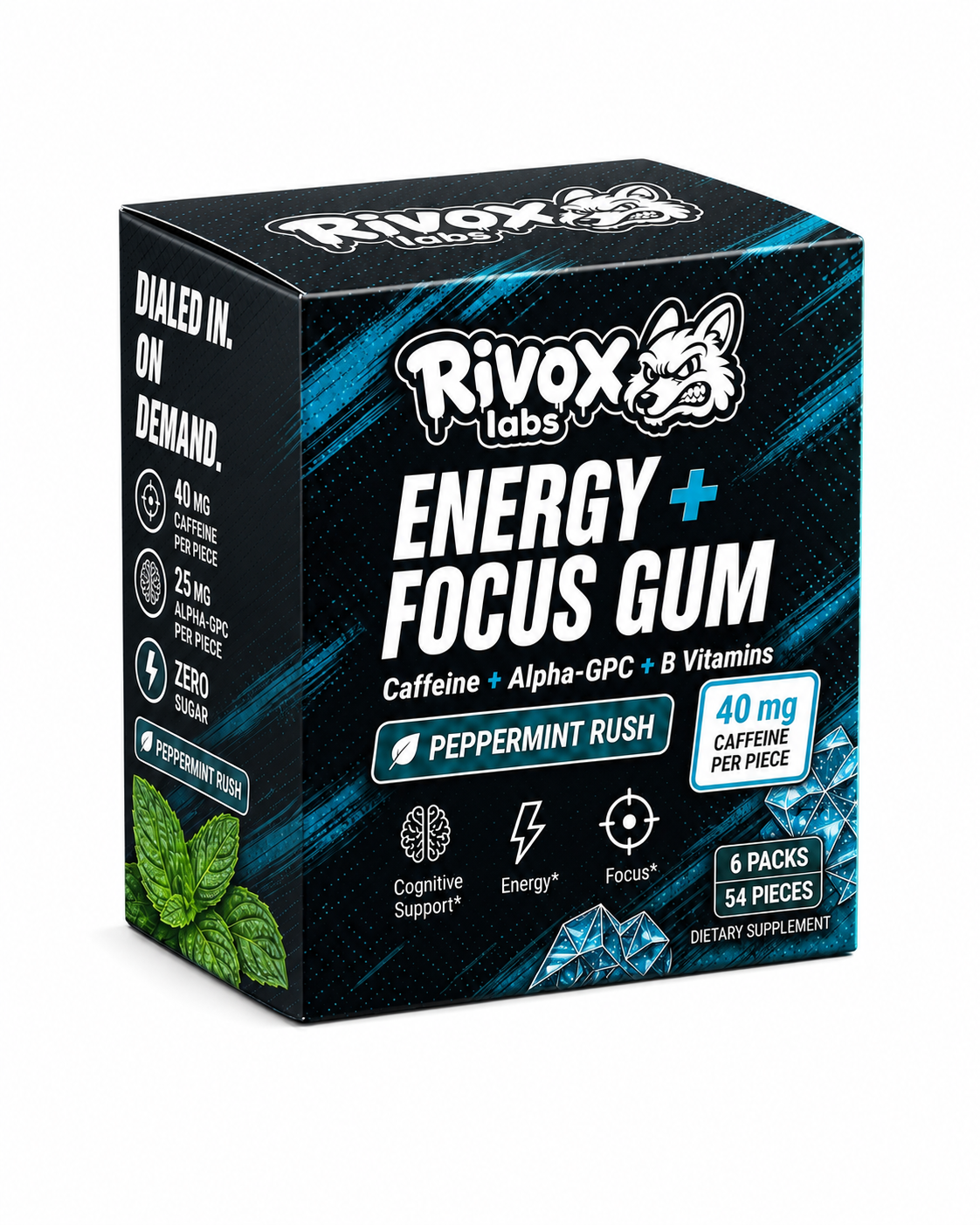 Rivox Energy + Focus Gum box, Peppermint Rush flavor