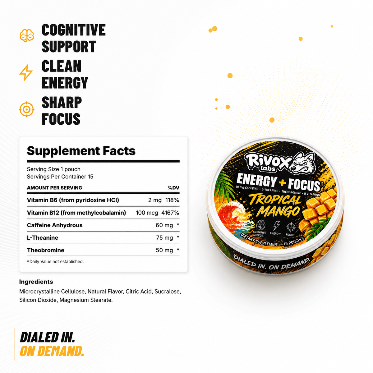 Rivox Tropical Mango supplement facts: caffeine, L-theanine, theobromine, B6, B12
